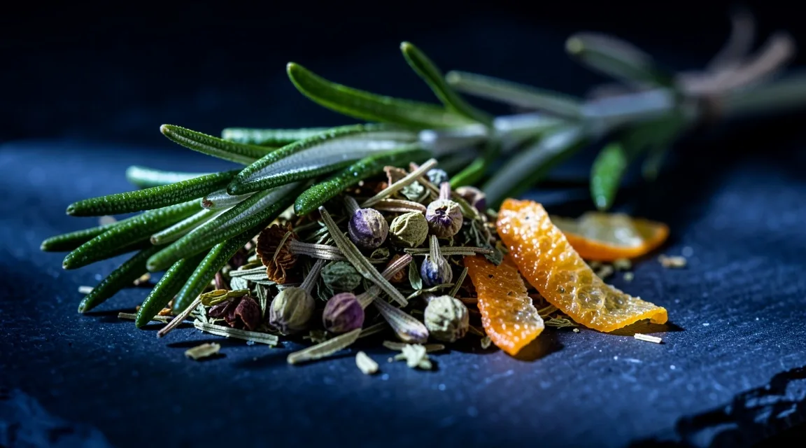 Foglie di tè keto e erbe botaniche su superficie in pietra