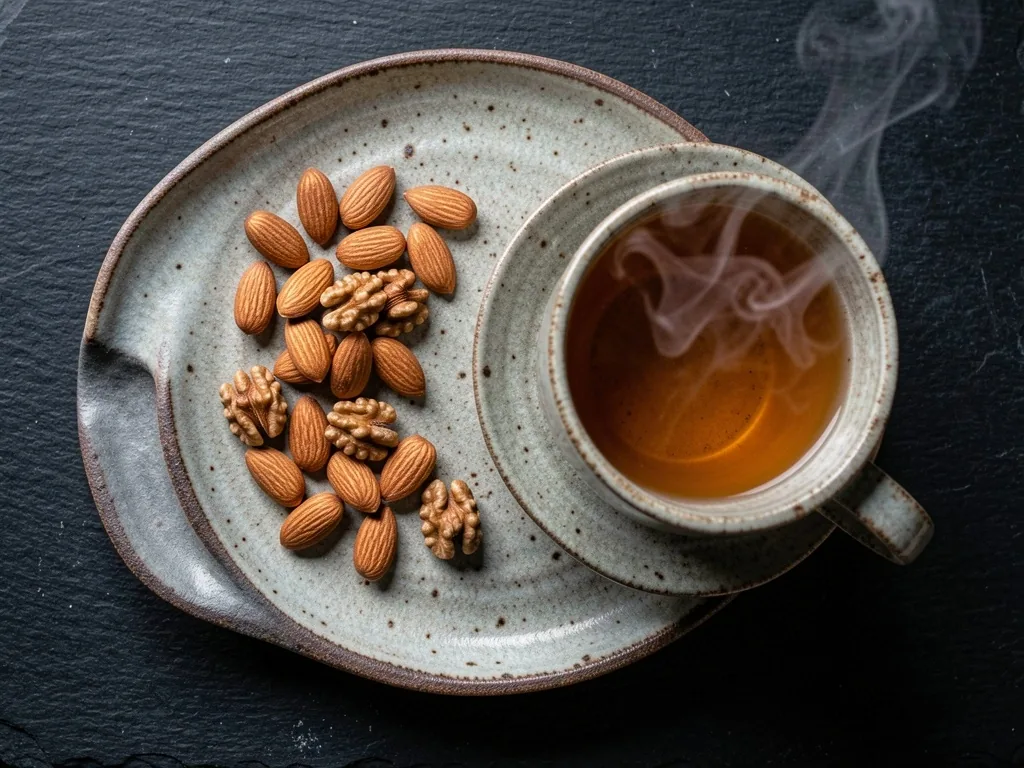 Mandorle e noci accanto a tazza di tè Good body