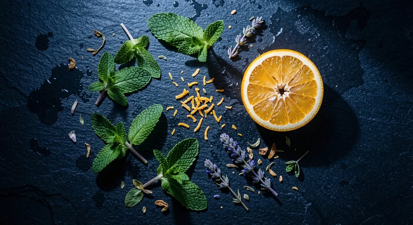 Botaniche aromatiche fresche e essiccate su pietra scura
