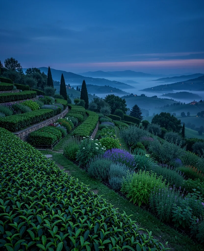 Coltivazione di erbe botaniche su terrazzamento al tramonto