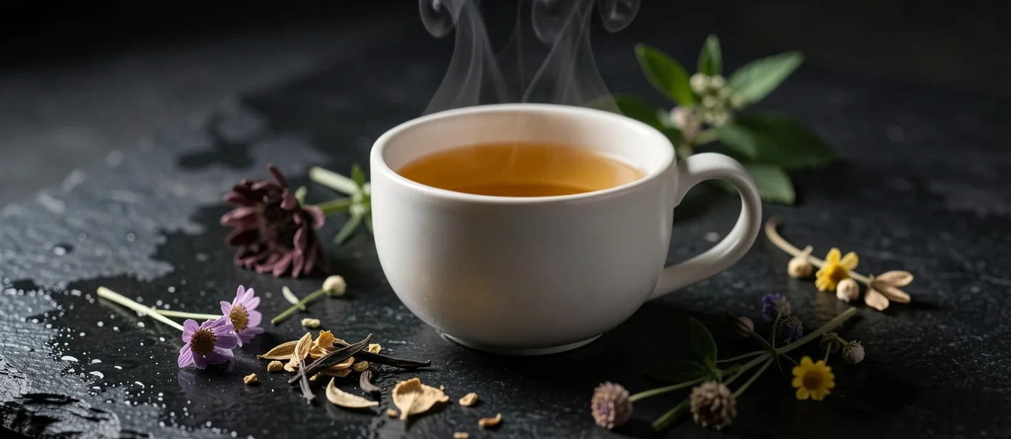 Tazza di tè alle erbe appena infusionato su pietra scura