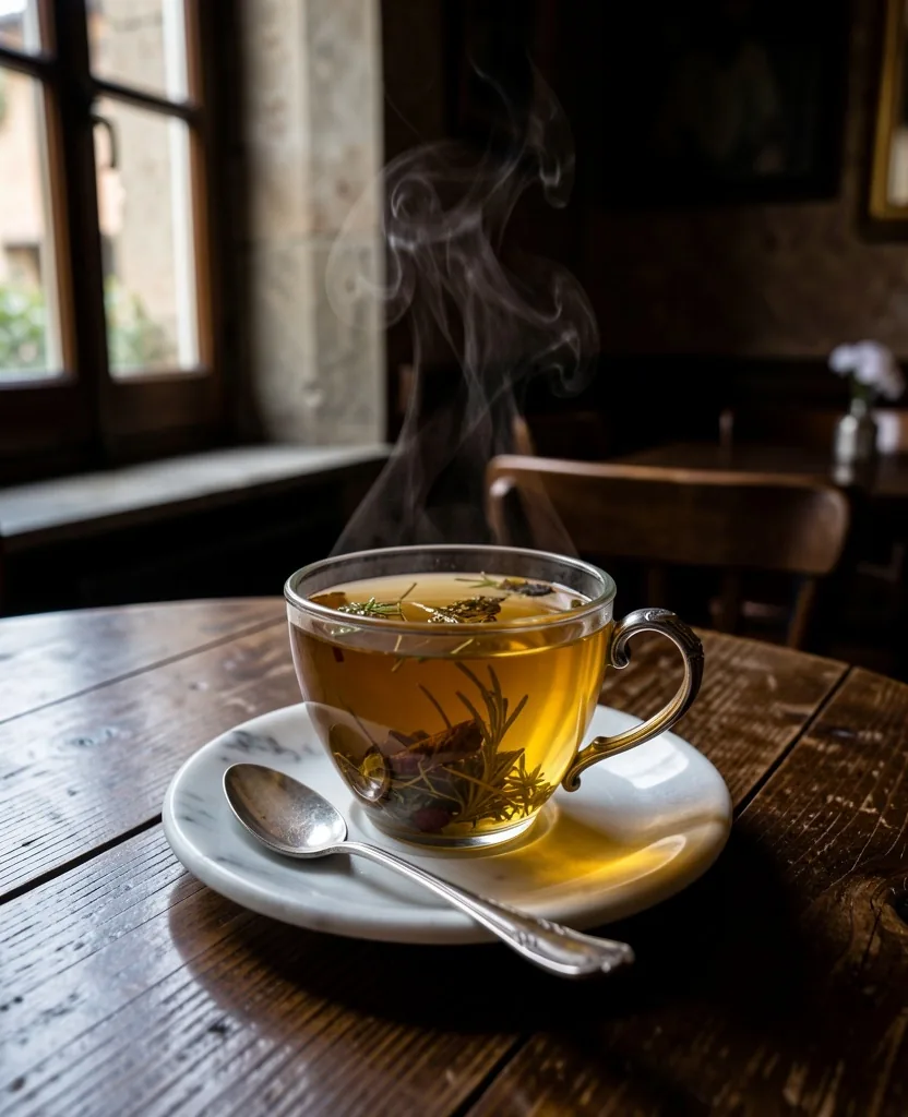 Tazza di tè Good body su piattino di marmo in atmosfera fiorentina