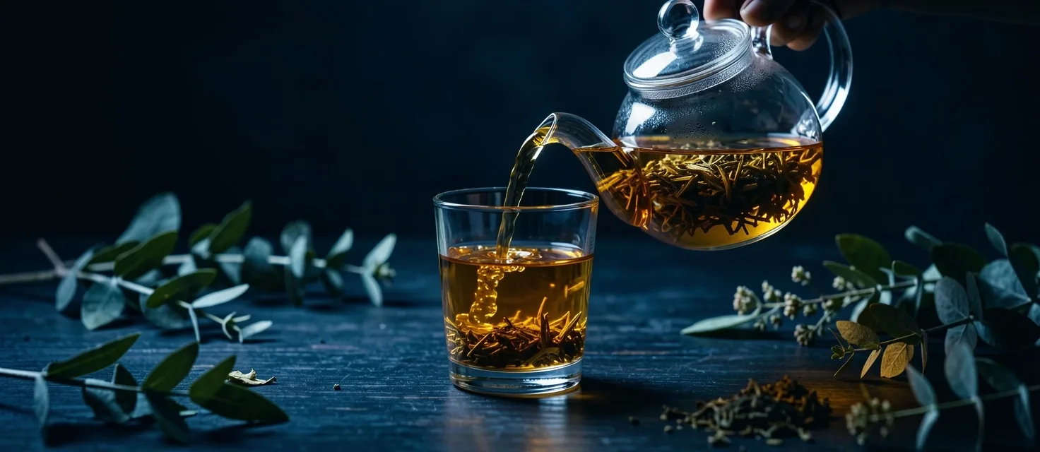 Teiera di vetro con infuso Good body versato in un bicchiere