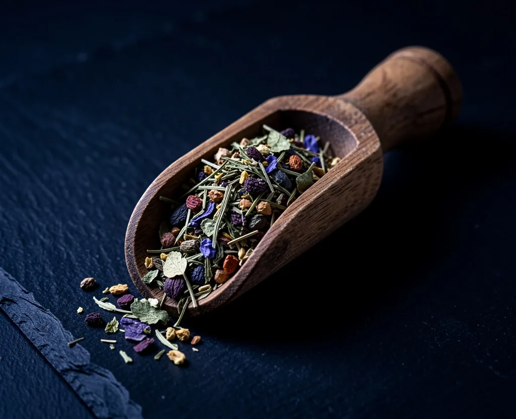 Foglie di tè e erbe botaniche su pietra scura