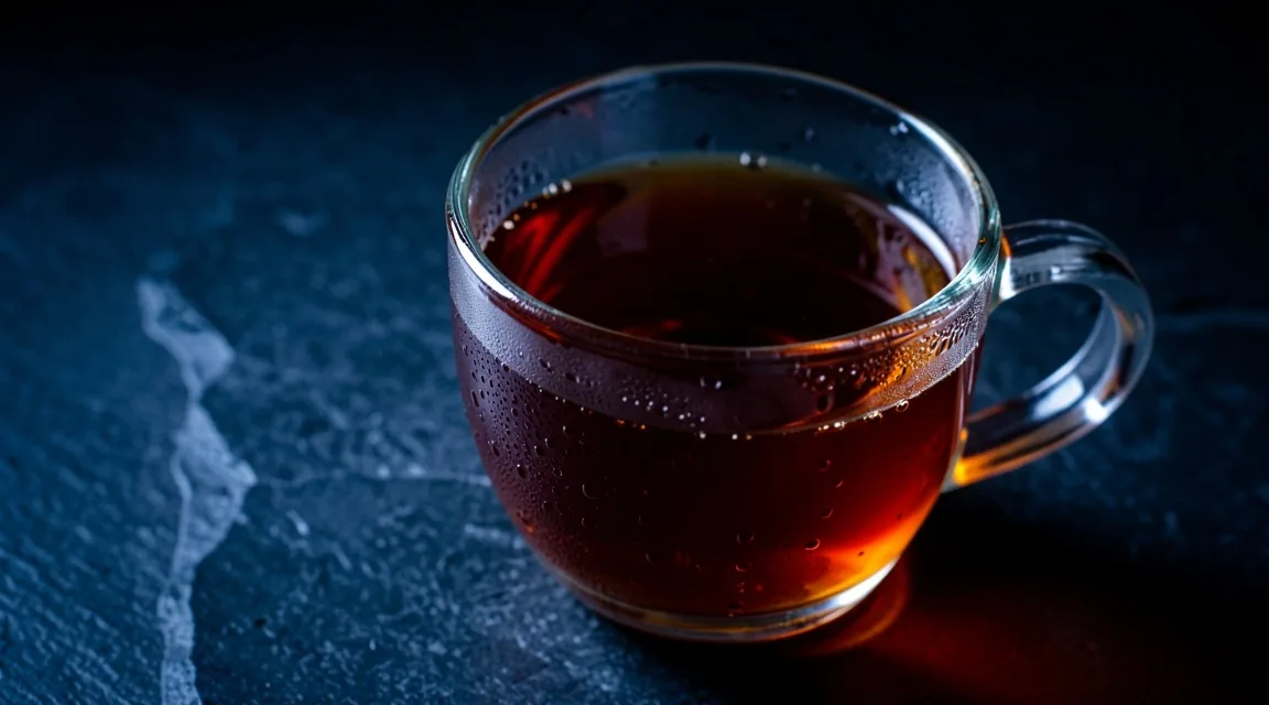 Tazza di vetro con infuso di tè scuro